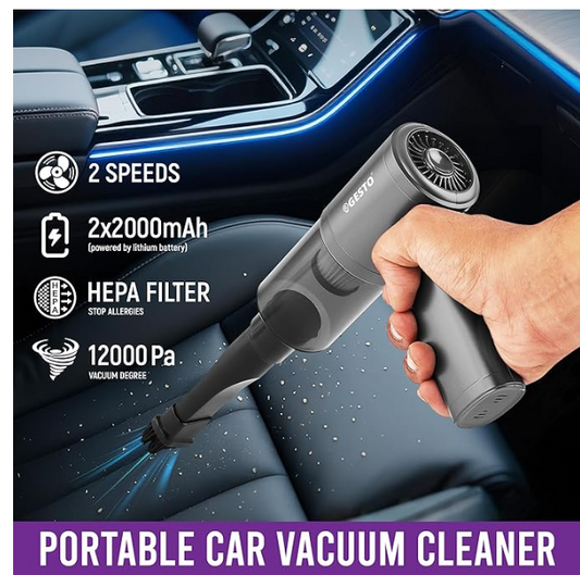Gesto 3-in-1 Portable Car Vacuum Cleaner, Air Duster & Inflator | 70W High Power, 12000Pa Brushless Motor, 4000mAh Type-C Rechargeable Cordless Handheld Vacuum with Multi Nozzle for Car,Office,Home