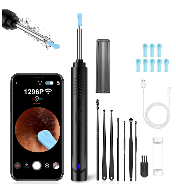 Ear Wax Removal, Ear Cleaner with Camera with 1296P, Earwax Removal kit with 9 Ear Pickand 8 Traditional Tools, Built-in WiFi lP67 Waterproof, Ear Cleaning Kit foriPhone,iPad,Android (Black)