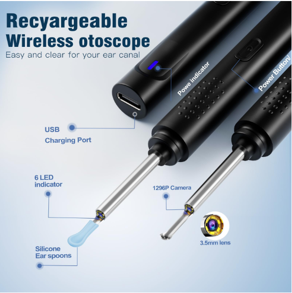 Ear Wax Removal, Ear Cleaner with Camera with 1296P, Earwax Removal kit with 9 Ear Pickand 8 Traditional Tools, Built-in WiFi lP67 Waterproof, Ear Cleaning Kit foriPhone,iPad,Android (Black)